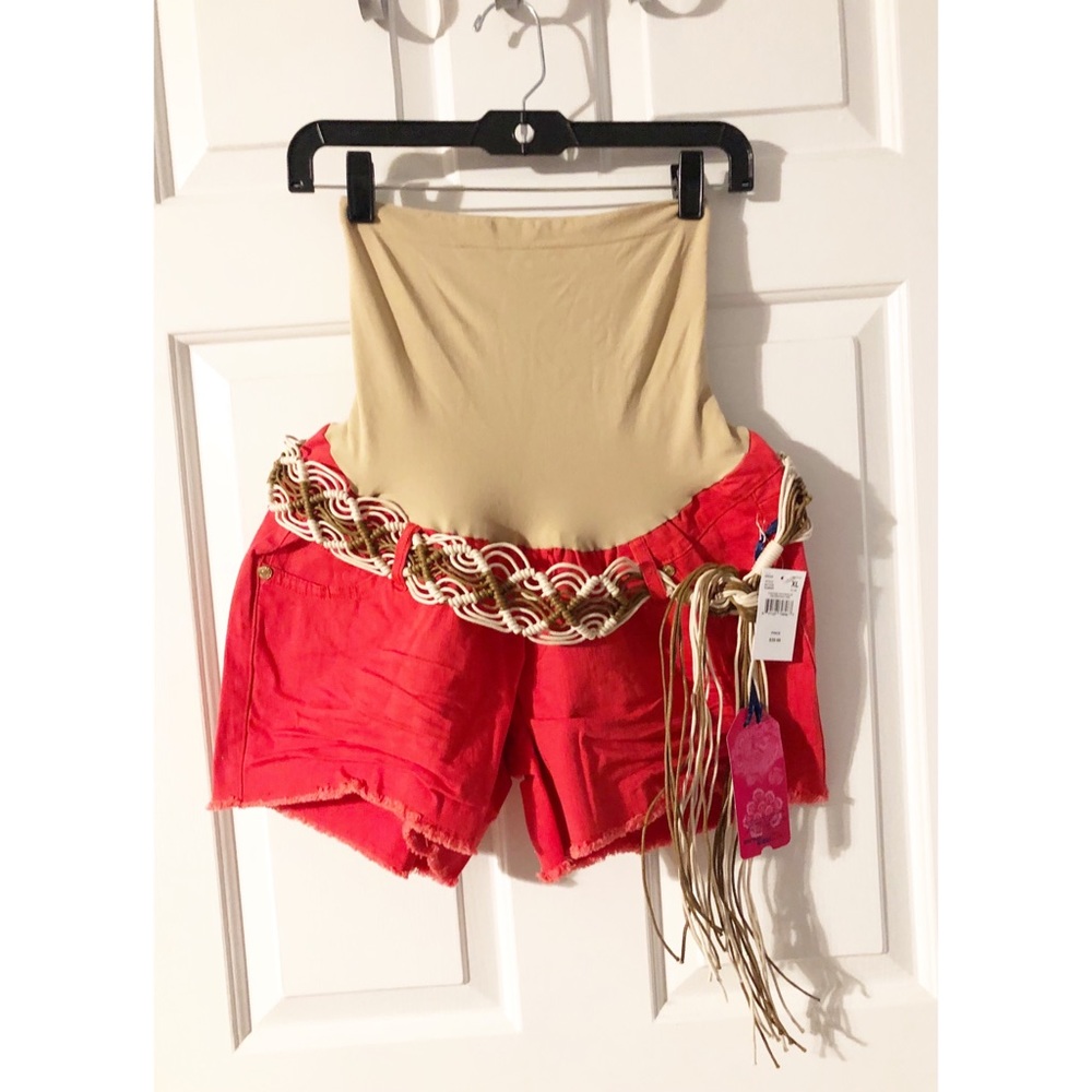 Women's WallFlower Denim Maternity Shorts, Coral w/Fringed Belt